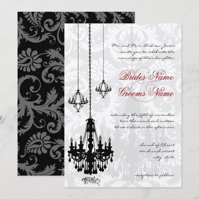 3 Black Chandeliers Shadow Damask Wedding I Invitation (Front/Back)