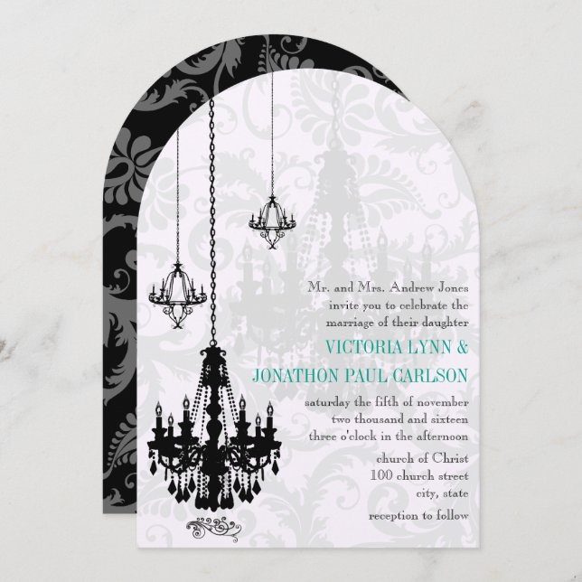 3 Black Chandeliers Shadow Damask Wedding  Invitation (Front/Back)