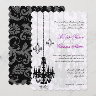 3 Black Chandeliers Shadow Damask Wedding  Invitation