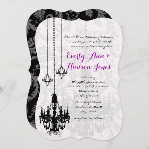 3 Black Chandeliers Shadow Damask Wedding Invites