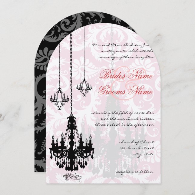 3 Black Chandeliers Shadow Pink Damask Wedding Invitation (Front/Back)