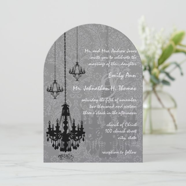 3 Black Chandeliers Shadow Silver Metallic Damask Invitation (Standing Front)