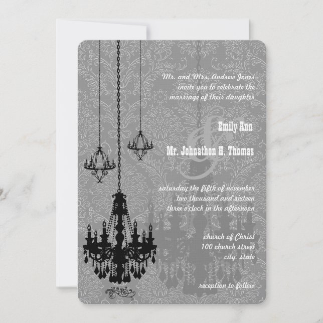 3 Black Chandeliers Shadow Silver Metallic Damask Invitation (Front)