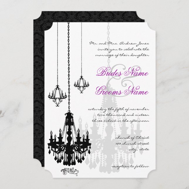 3 Black Chandeliers Shadows Wedding Invitations (Front/Back)