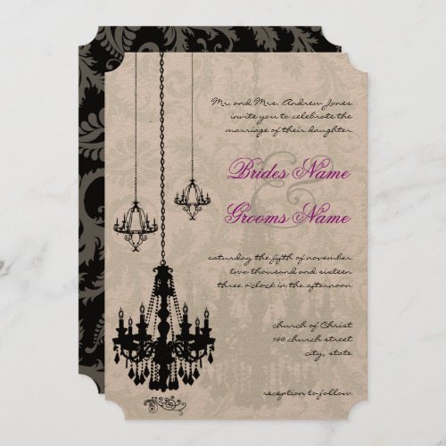 3 Black Chandeliers Victorian Damask Wedding  Invitation