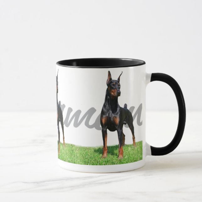 3 black Doberman Pinschers w/ breed name graphic Mug (Right)