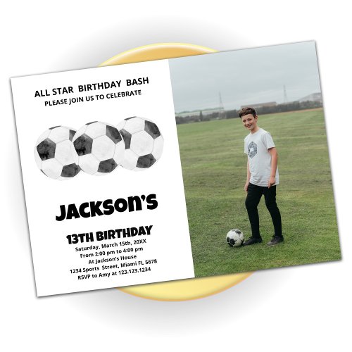 3 Black White Soccer Birthday Invitations w photo