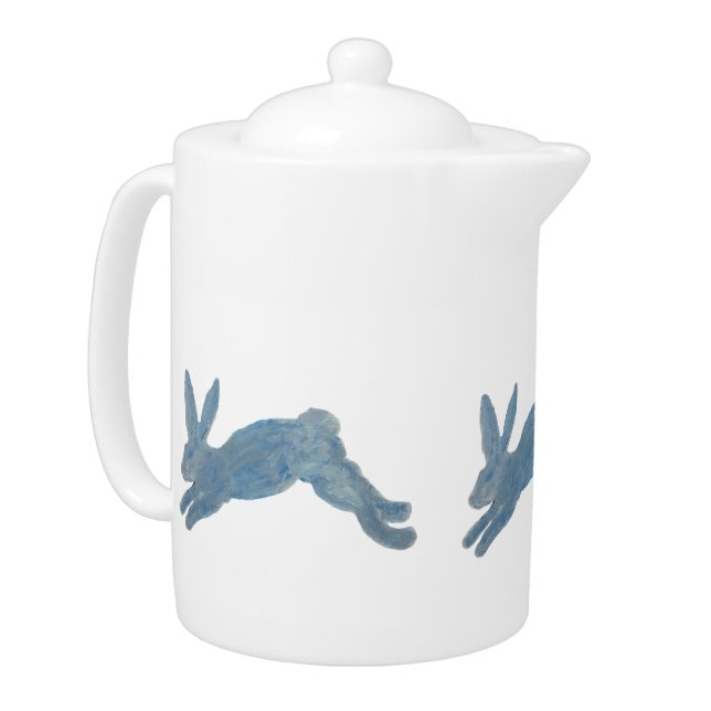 3 Blue Country French Bunny Rabbit Teapot (Left)