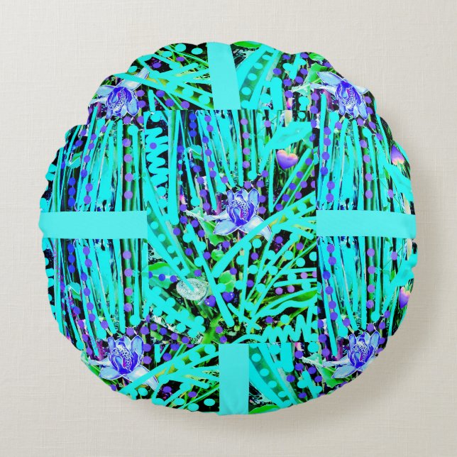 3 Blue Heart Moons & Wonder Blue Rose round pillow (Front)