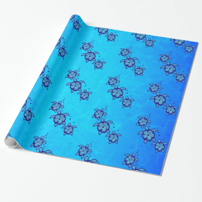 3 Blue Honu Turtles Wrapping Paper (Unrolled)