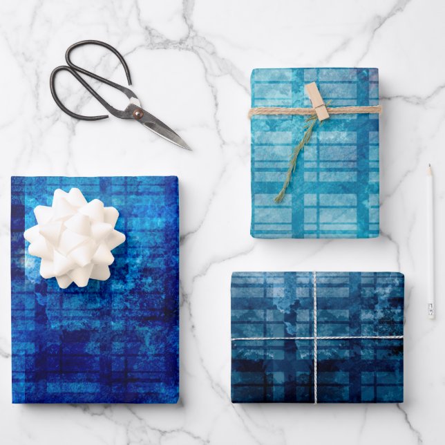 3 Blue Plaid Men's Special Occasion Gift Wrapping Paper Sheets (Front)