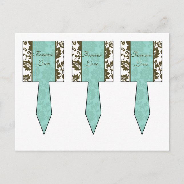 3 Brown/Blue Floral Damask Wedding Cup Cake Picks Postcard (Front)