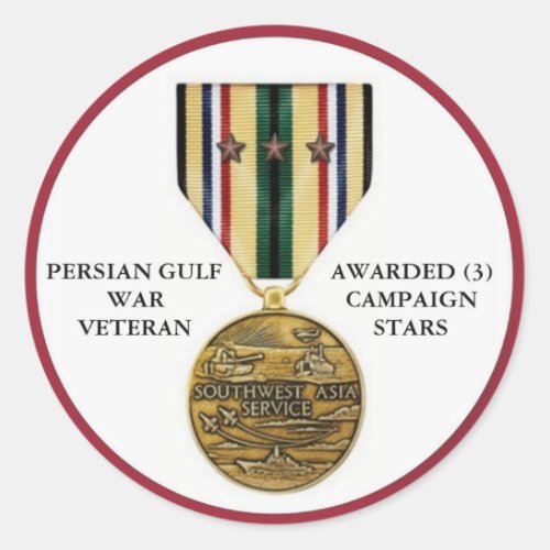 3 CAMPAIGN STARS PERSIAN GULF WAR VETERAN CLASSIC ROUND STICKER