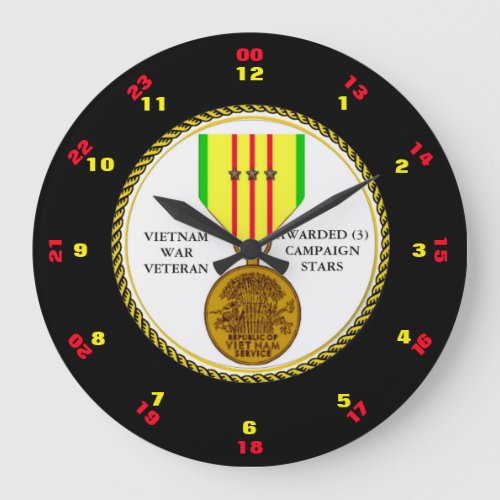 3 CAMPAIGN STARS VIETNAM WAR VETERAN LARGE CLOCK