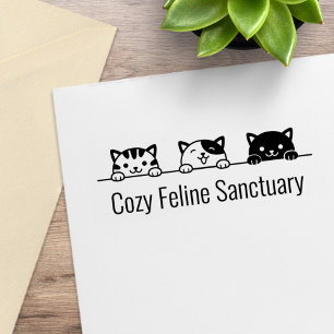 3 Cartoon Cats Peeking above Custom Text Rubber Stamp