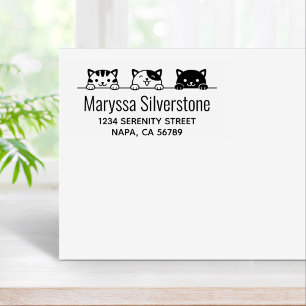 3 Cartoon Cats Peeking above Return Address Rubber Stamp