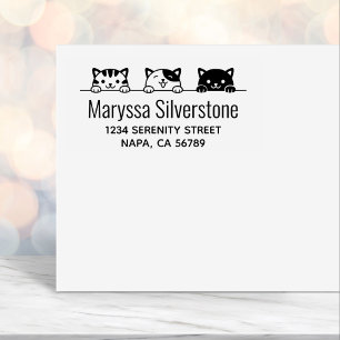 3 Cartoon Cats Peeking above Return Address Self-inking Stamp