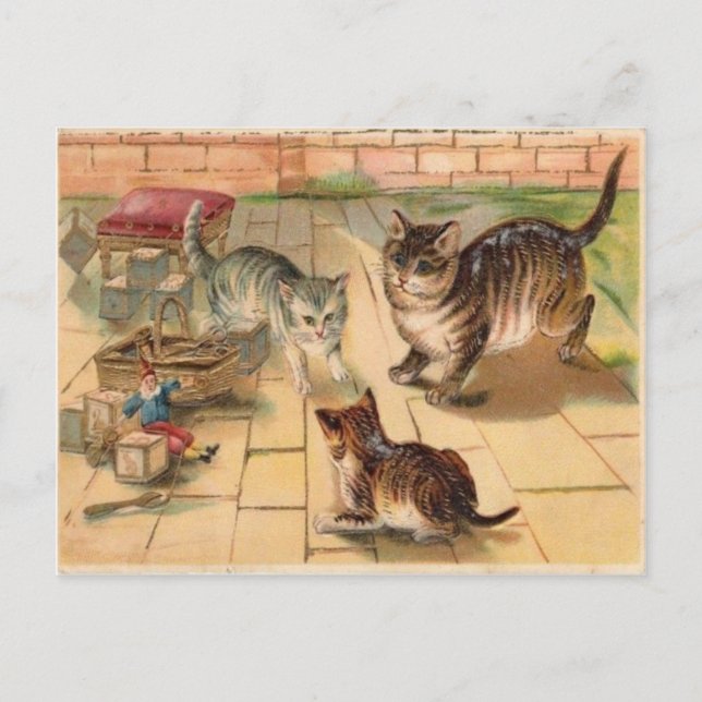 3 Cats Playing With Toys Vintage 1900's Postcard (Front)