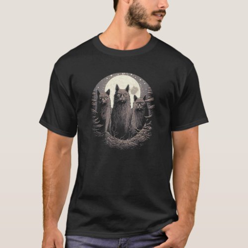 3 Cats With Full Moon in Background _ Funny Cat Lo T_Shirt