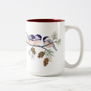 3 CHICKADEES & CONES by SHARON SHARPE Two-Tone Coffee Mug