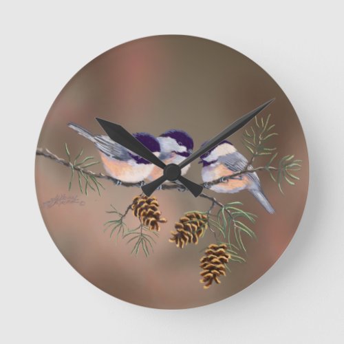 3 CHICKADEES  PINE CONES by SHARON SHARPE Round Clock