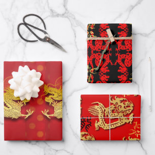 3 Chinese Dragon paper-cut Year WPFS Wrapping Paper Sheets