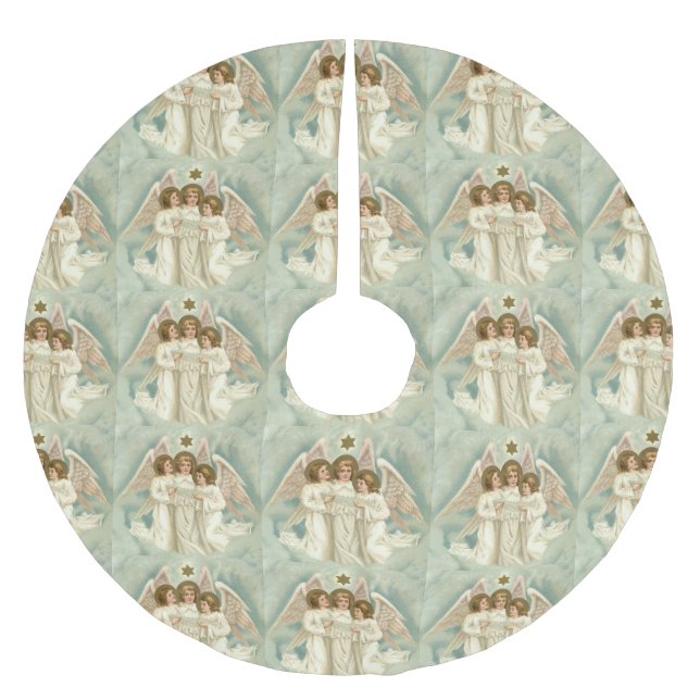 3 Christmas Angels and Gold Star Holiday Pattern Brushed Polyester Tree Skirt (Front)