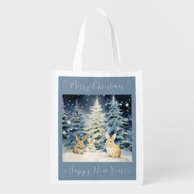 3 Christmas bunnies Grocery Bag (Front)