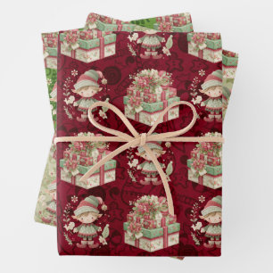 3 Christmas Elf Pretty Presents Wrapping Paper Sheets