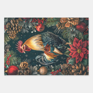 3 Christmas Roosters Decoupage  Wrapping Paper Sheets