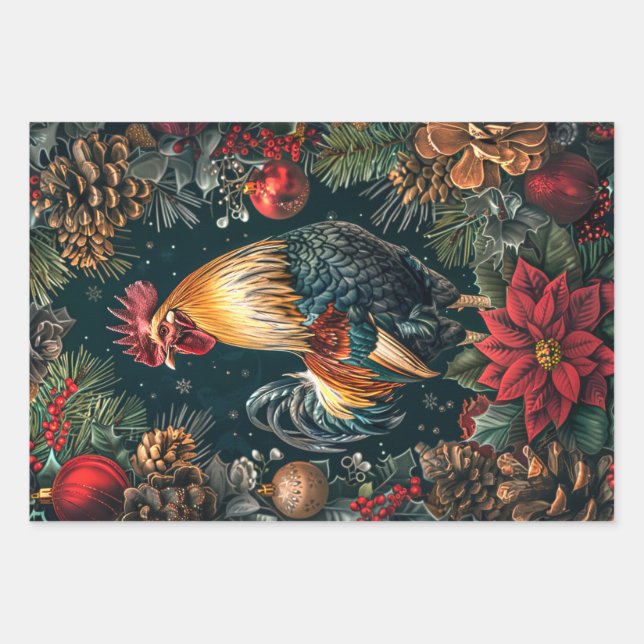 3 Christmas Roosters Decoupage  Wrapping Paper Sheets (Front 2)