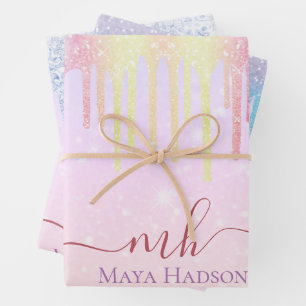 3 Color Chic Colorful Girly Glitter Drips Wrapping Paper Sheets