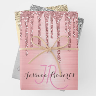 3 Color Chic Monogram Girly Glitter Drips Wrapping Paper Sheets