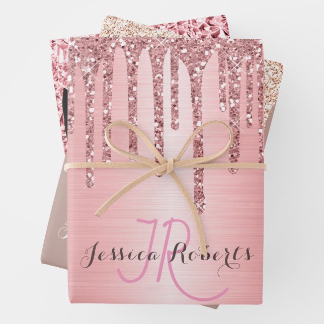 3 Color Chic Monogram Girly Glitter Drips Wrapping Paper Sheets (In situ)