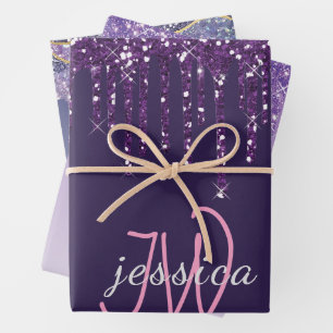 3 Color Chic Monogram Girly Purple Glitter Drips Wrapping Paper Sheets