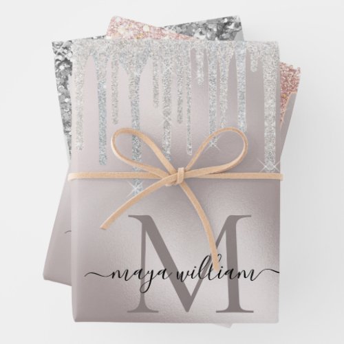 3 Color Glitter Drips Personalized Monogram Name  Wrapping Paper Sheets