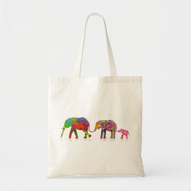 3 Colorful Elephants Walking - Pop Art Tote Bag (Front)