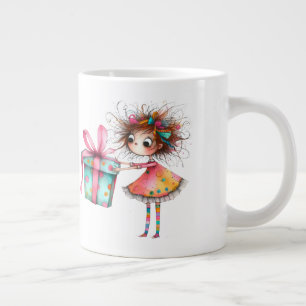 * 3 Colorful Whimsical Christmas Girl Gift AP97 Giant Coffee Mug