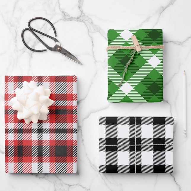 3 colors plaid pattern wrapping paper sheets (Front)