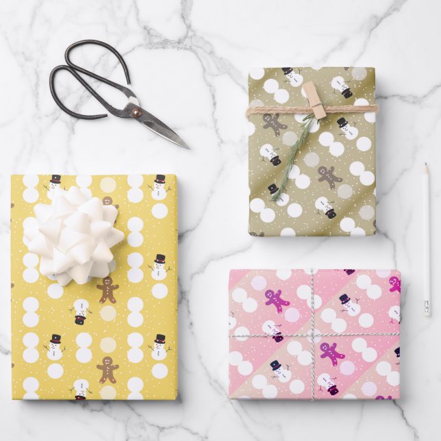 3 colours of snowman and gingerbread wrapping pape paper sheets (Front)