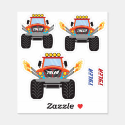 3 Cool Red Monster Trucks, Flames, DIY Names Sticker