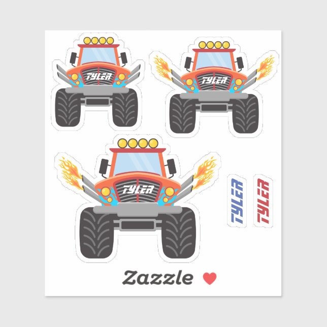 3 Cool Red Monster Trucks, Flames, DIY Names Sticker (Sheet)