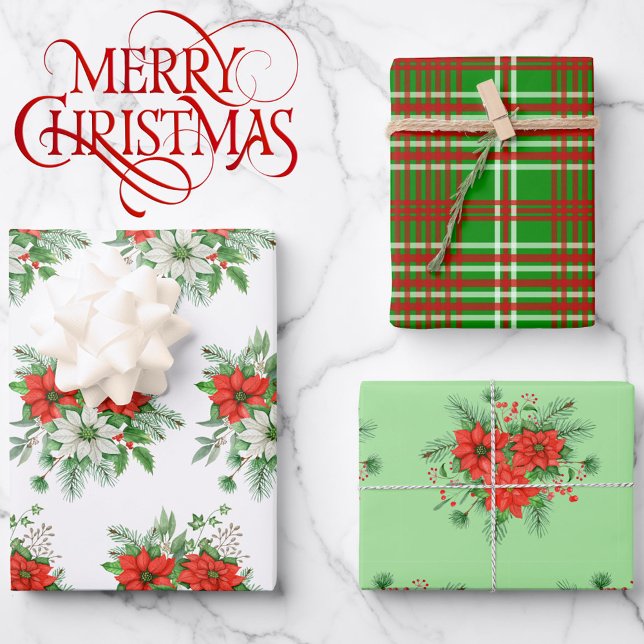 3 Coordinates Christmas Poinsettia Red Plaid Wrapping Paper Sheets (Creator Uploaded)