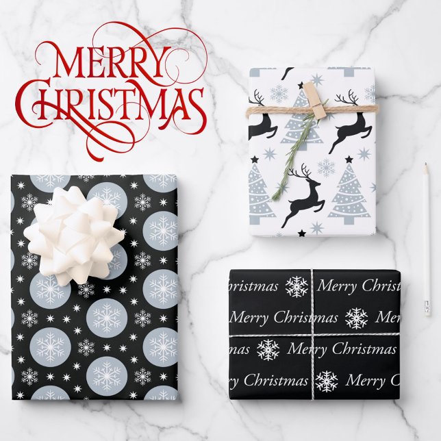 3 Coordinating Black White Christmas Snowflake Wrapping Paper Sheets (Creator Uploaded)