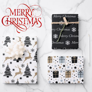 3 Coordinating Black White Reindeer Christmas Gift Wrapping Paper Sheets