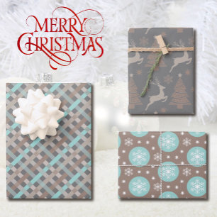 3 Coordinating Christmas Taupe Grey Turquoise Wrapping Paper Sheets