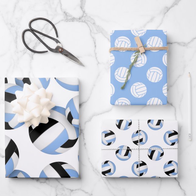 3 coordinating light blue black volleyballs wrapping paper sheets (Front)