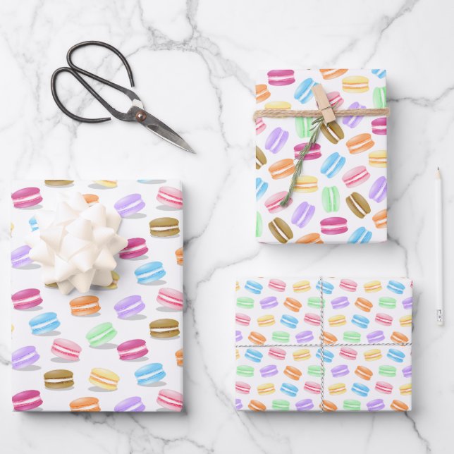 3 coordinating patterns colorful macarons wrapping paper sheets (Front)