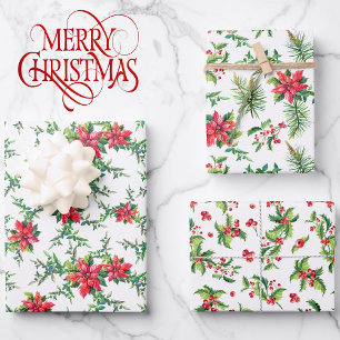 3 Coordinating Red Poinsettia Christmas Flowers Wrapping Paper Sheets