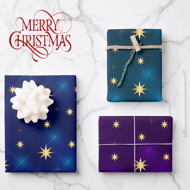 3 Coordinating Star Blue Purple Teal Holiday Wrapping Paper Sheets (Creator Uploaded)